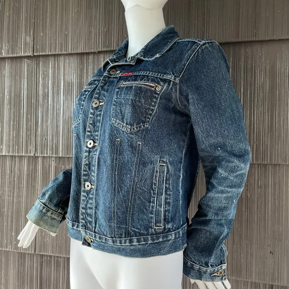 🔥Vintage Nautica Y2K Trucker Grunge Dark Wash Blue Denim Jacket Women Size M-L - Picture 2 of 15